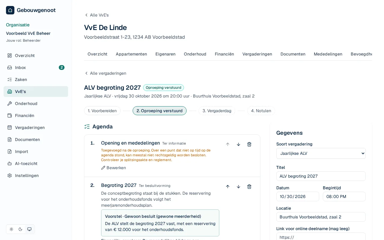 De vergadering ALV begroting in de beheeromgeving, met de agenda en het voorstel over de begroting.
