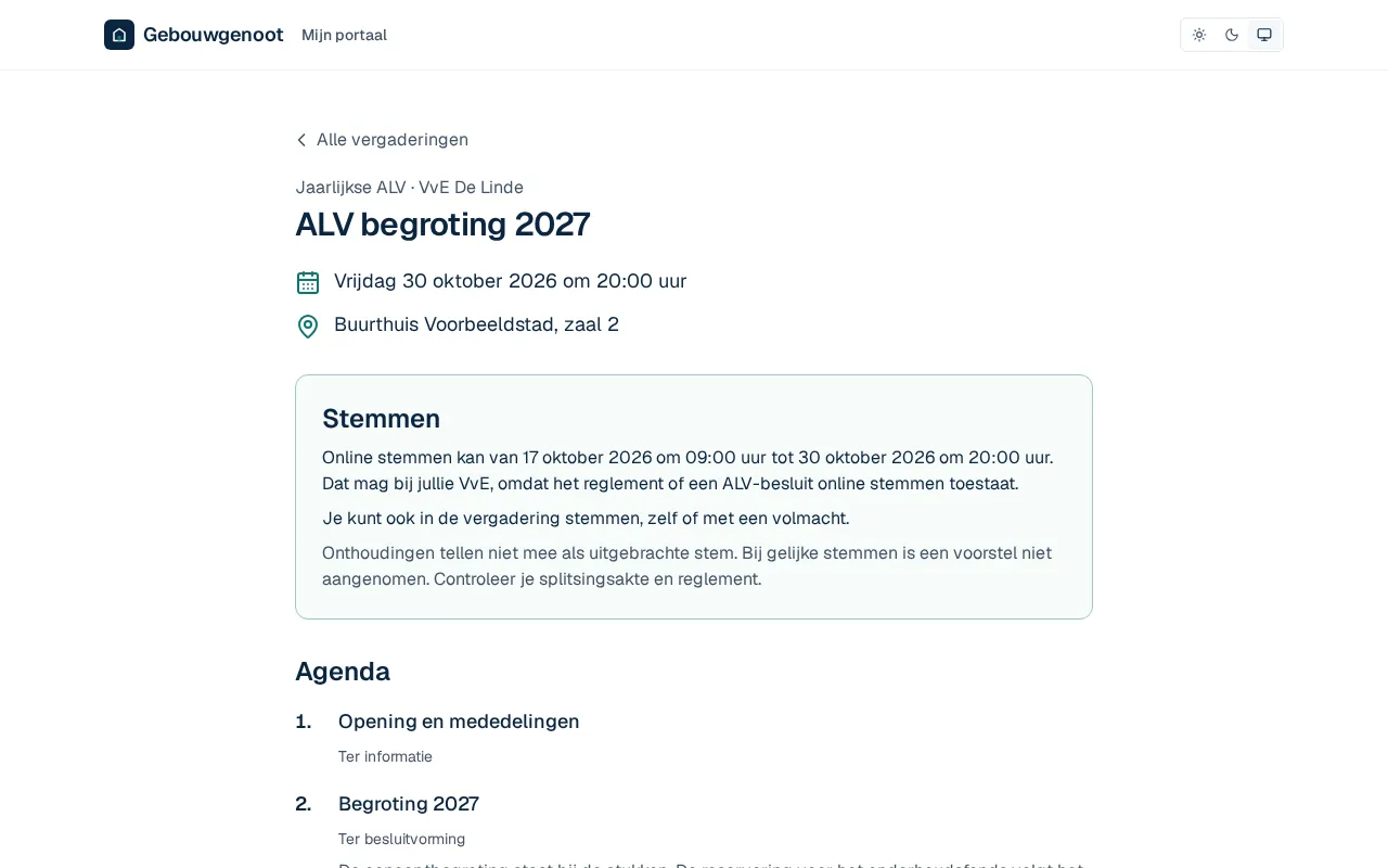 De vergadering in het portaal van een eigenaar, met datum, plek en agenda.