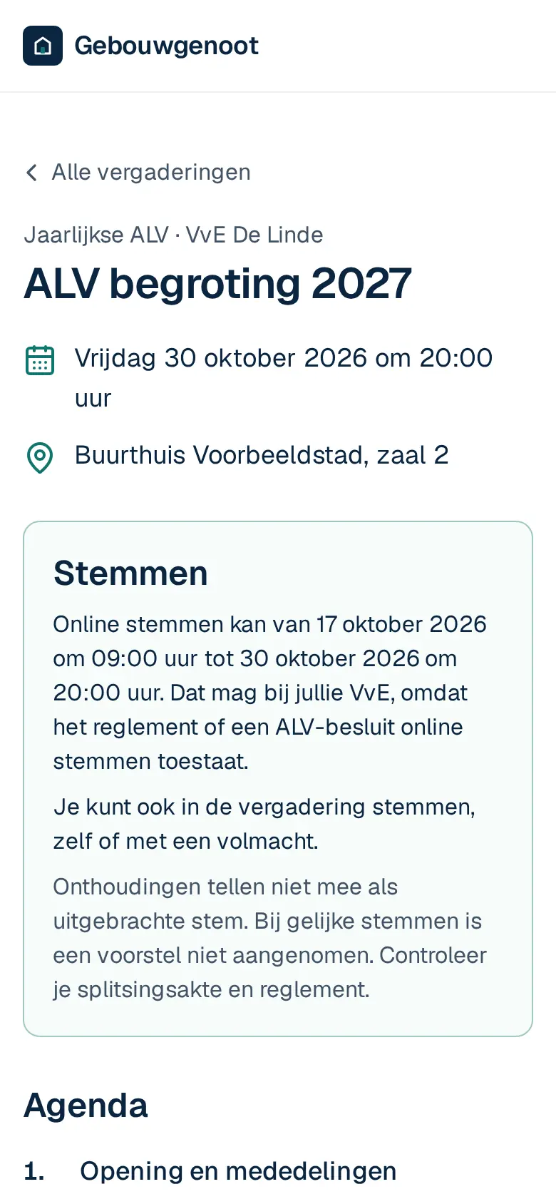 De vergadering in het portaal van een eigenaar, met datum, plek en agenda. Op een telefoon.