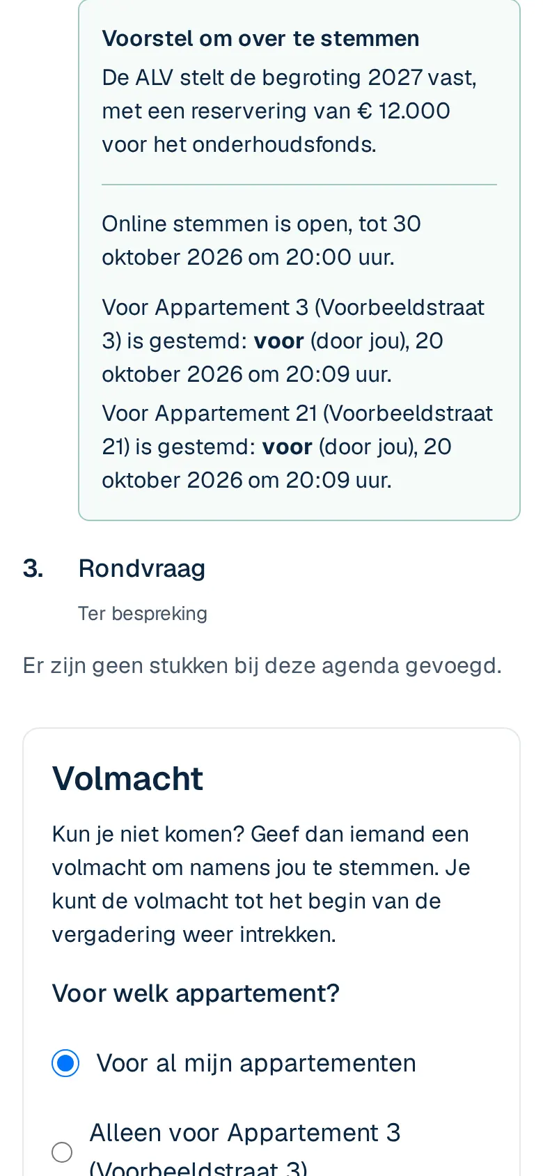Na het stemmen: de bevestiging per appartement in het portaal op een telefoon. Op een telefoon.