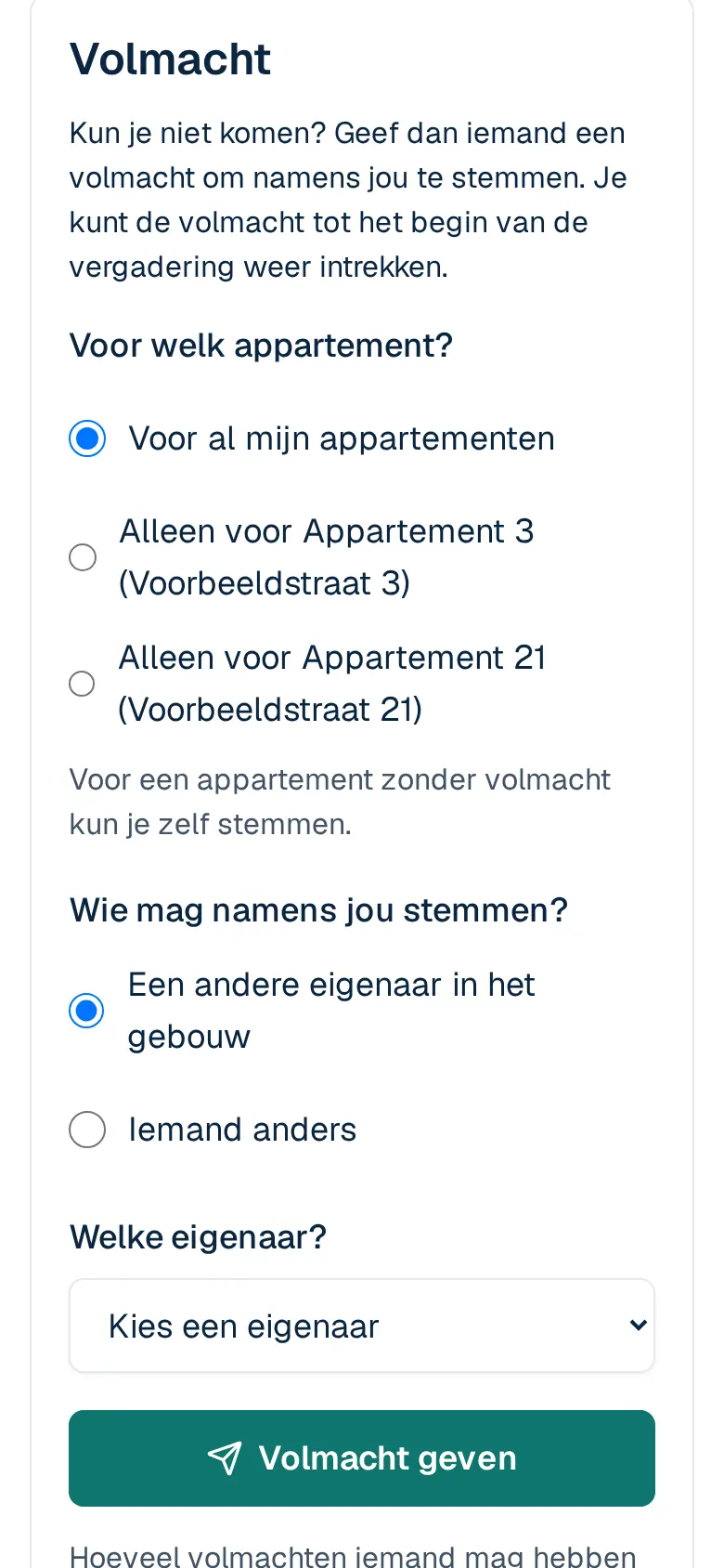Het formulier om een volmacht te geven, met de keuze voor welk appartement en aan wie. Op een telefoon.