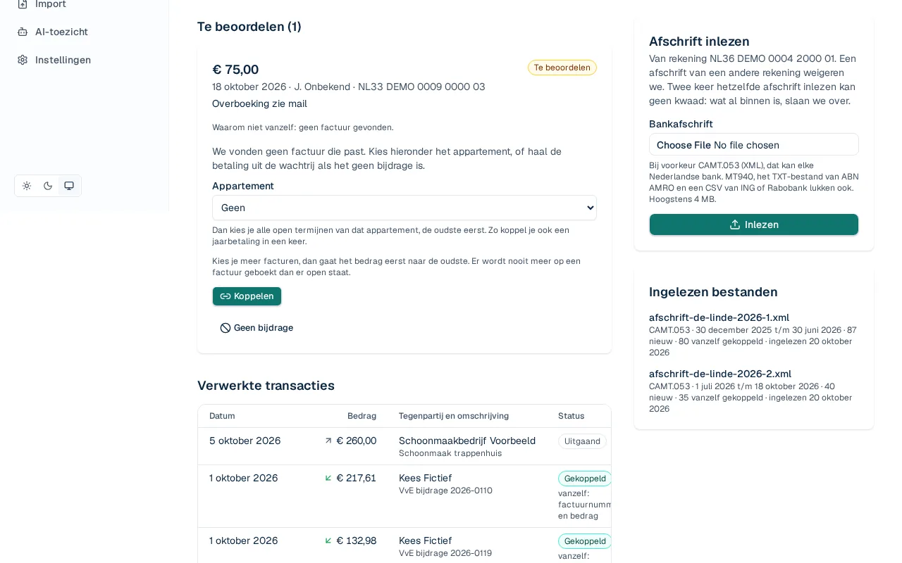 Een ontvangen betaling zonder koppeling, met de reden en de keuze voor een appartement.