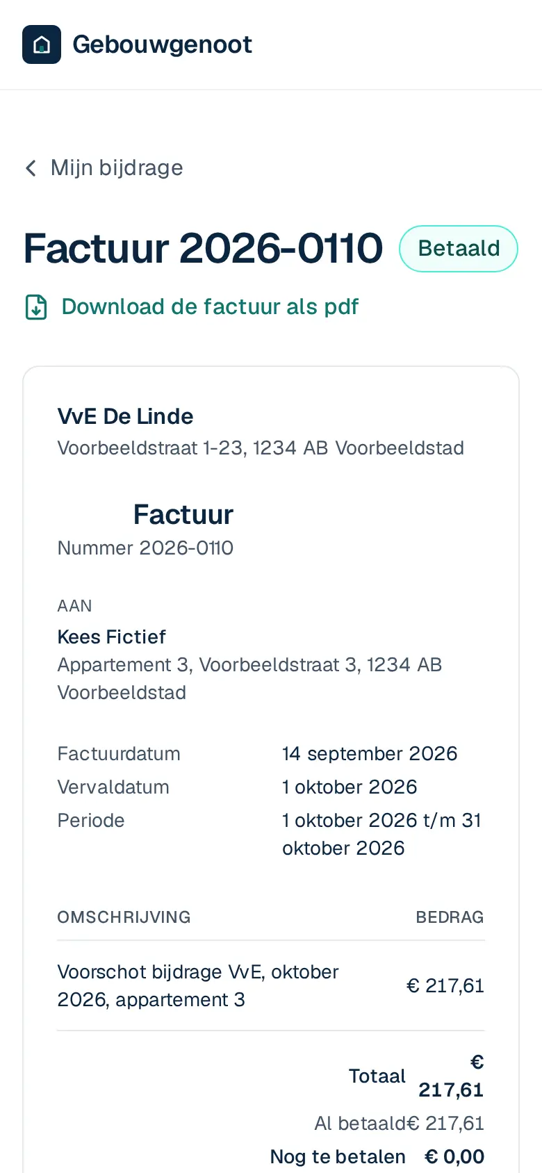 Een betaalde factuur in het portaal, met de ontvangen betaling eronder. Op een telefoon.