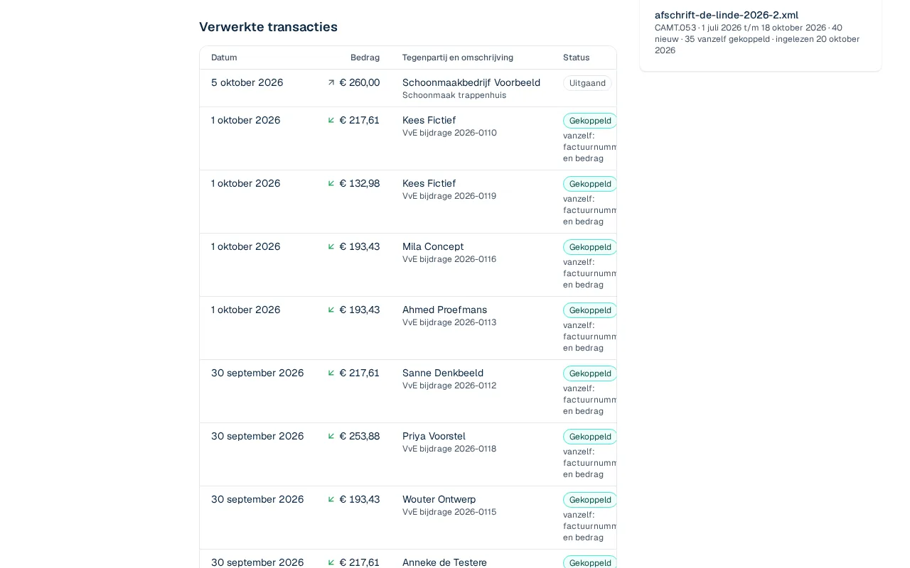 De verwerkte transacties: per betaling de tegenpartij, het bedrag en de reden van de koppeling.