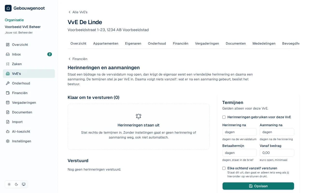 De pagina herinneringen en aanmaningen van de VvE.