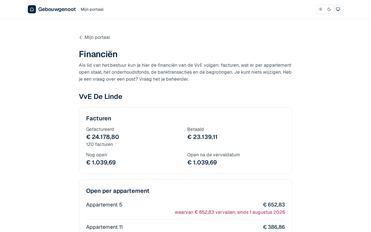De financiën van de VvE in het portaal van een bestuurslid.