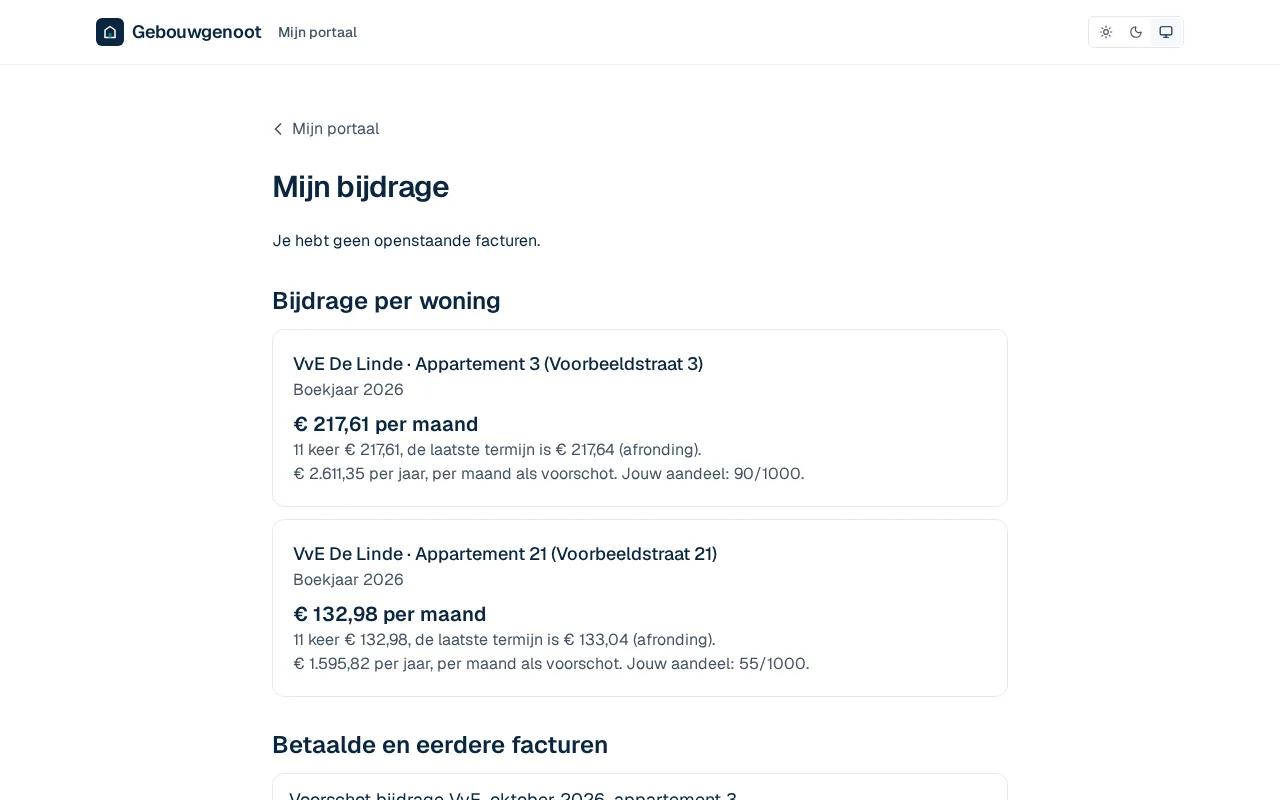 Mijn bijdrage in het portaal: het bedrag per maand per appartement en de facturen.