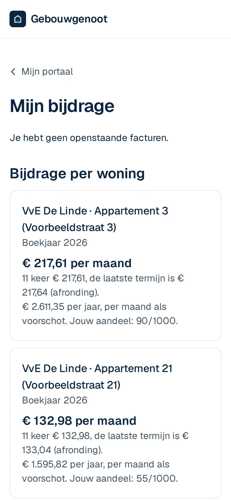 Mijn bijdrage in het portaal: het bedrag per maand per appartement en de facturen. Op een telefoon.