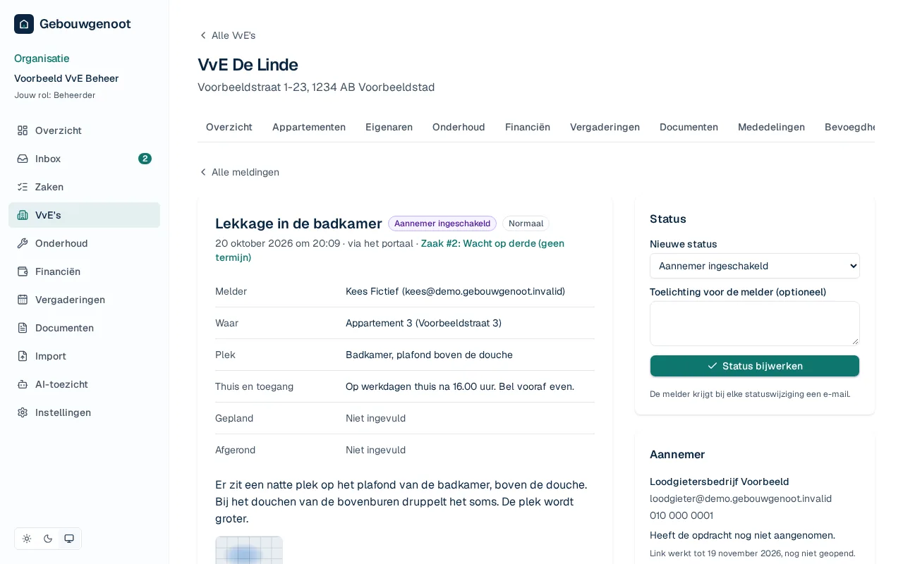 De melding in de beheeromgeving, met rechts de ingeschakelde aannemer en de geldigheid van de link.