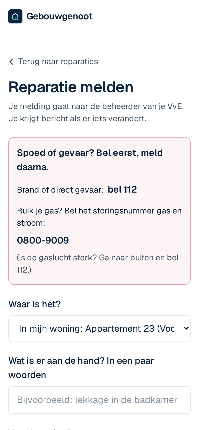 Het formulier om een melding te doen in het portaal op een telefoon. Op een telefoon.