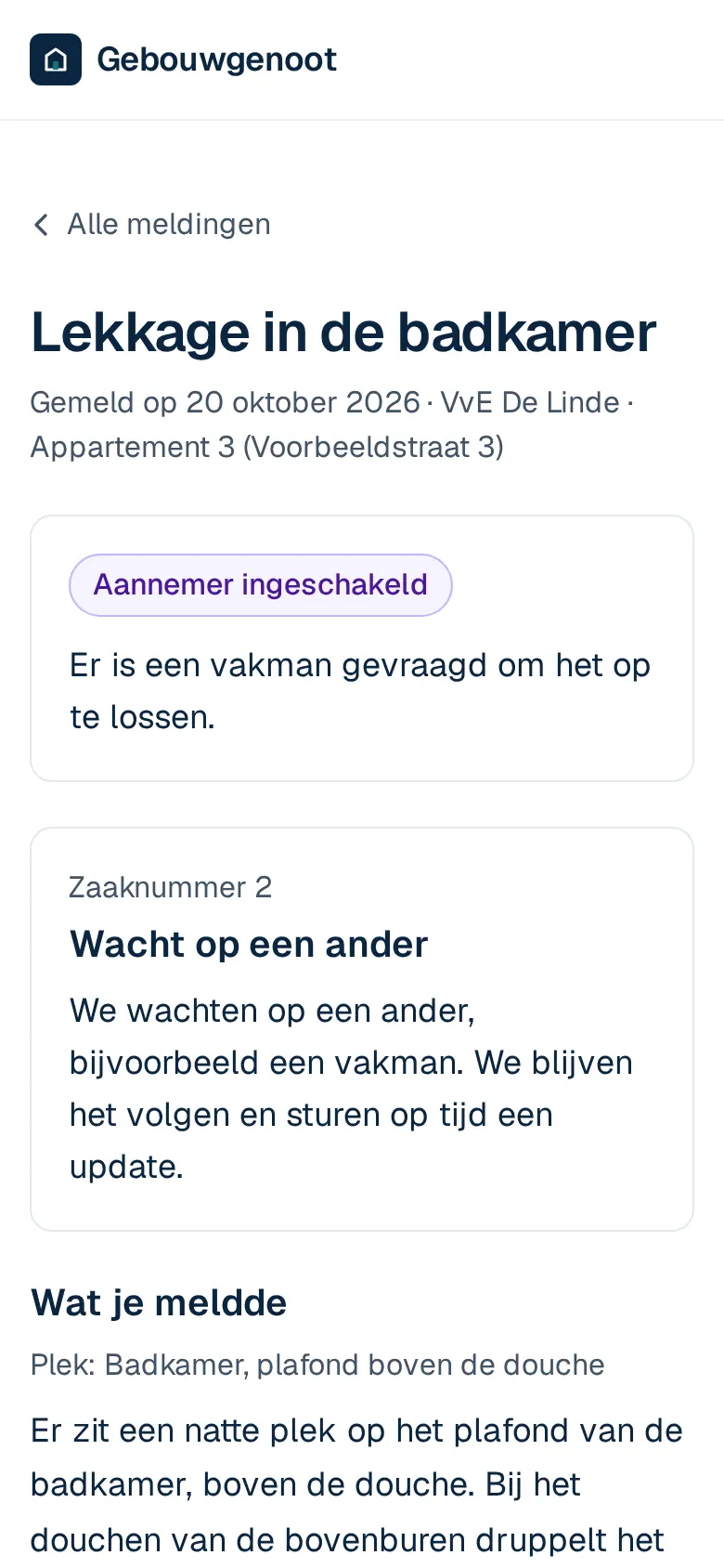 De melding in het portaal van de melder, met de status en het verloop. Op een telefoon.