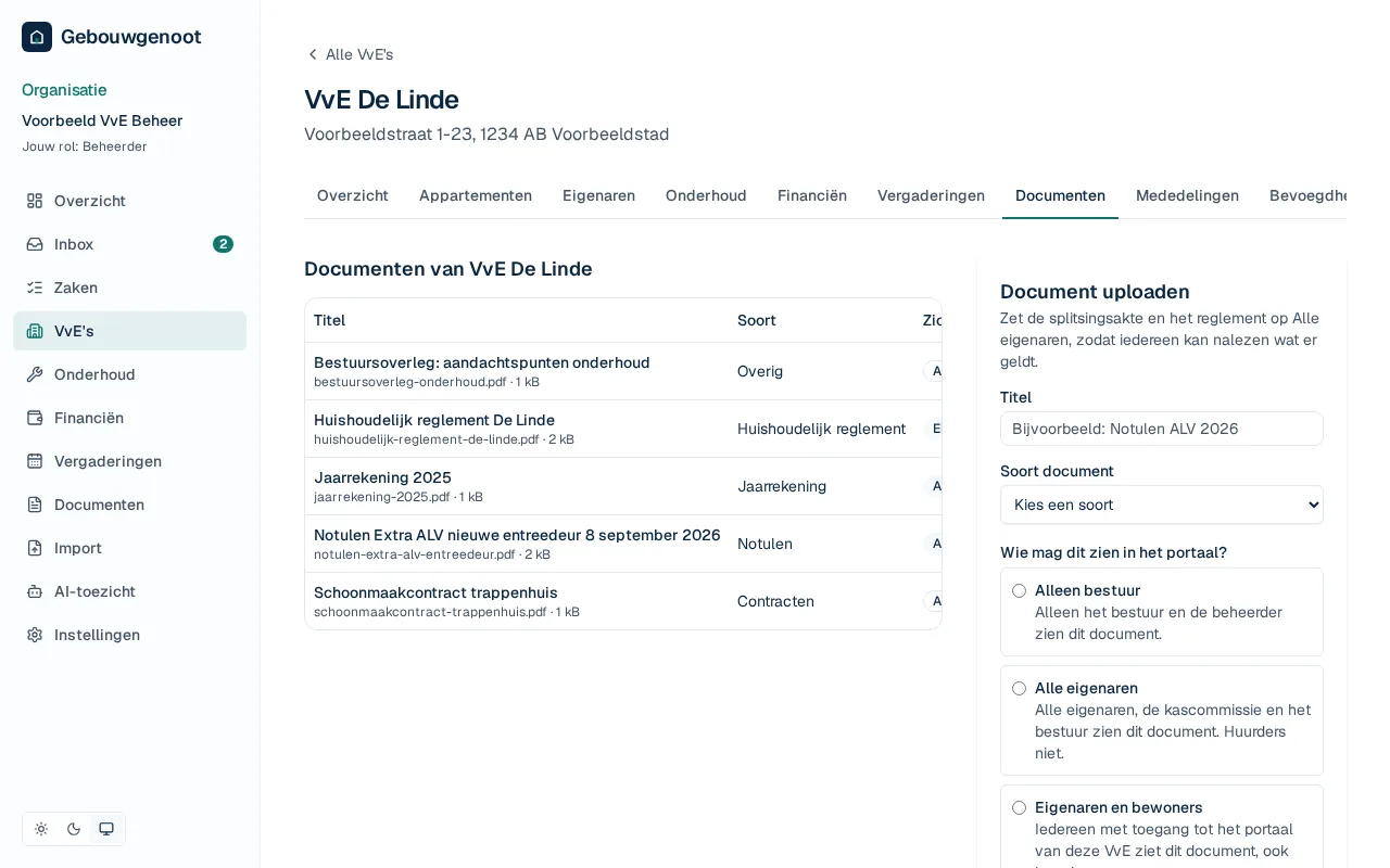 De documenten van een VvE met per document de zichtbaarheid.