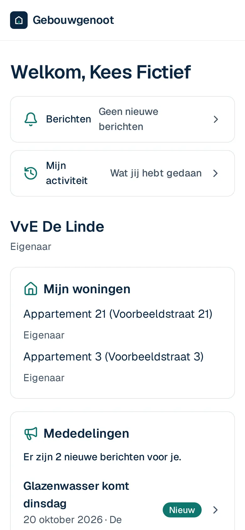 De startpagina van het portaal van een eigenaar op een telefoon. Op een telefoon.